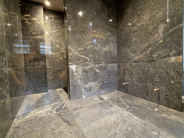 Dark gold-effect bathroom with walk-in shower