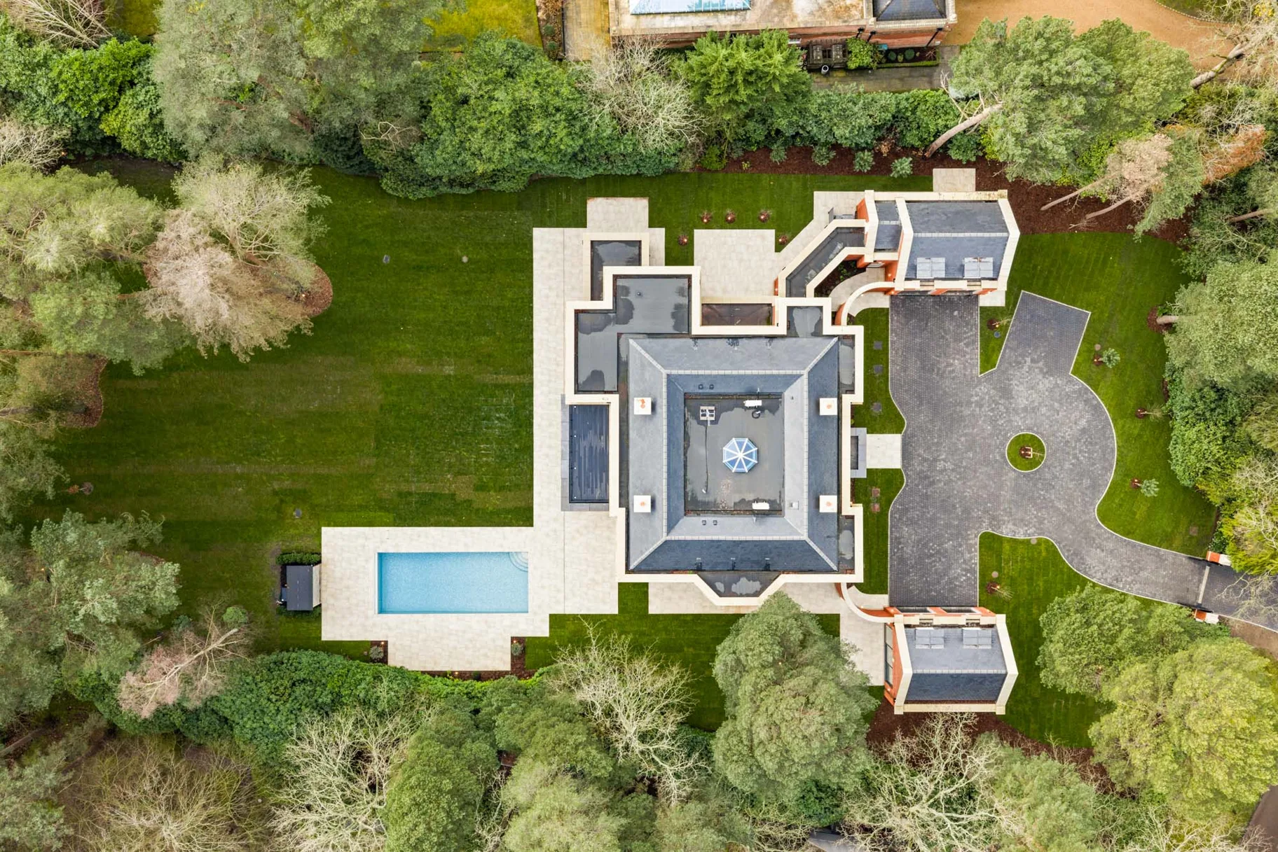 Aerial view of the external porcelain terrace and pool surround at Burwood Park