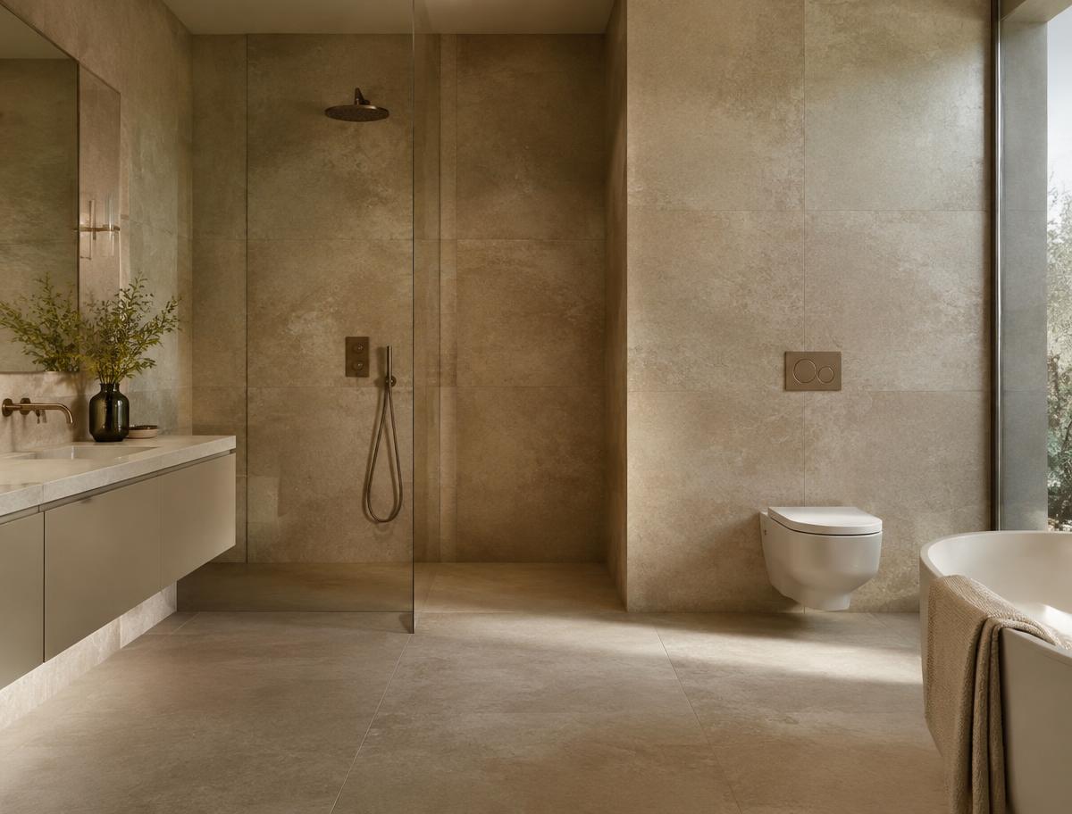 Stone-effect porcelain bathroom with a level-access walk-in shower