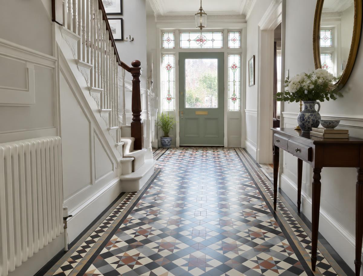 Patterned geometric hallway floor with a tiled border detail