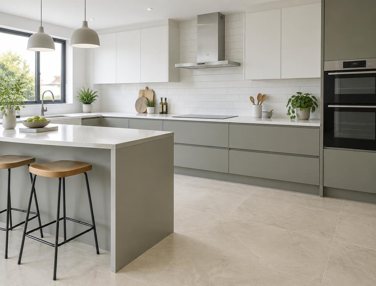 Pale limestone-effect porcelain kitchen floor with a metro-tile splashback