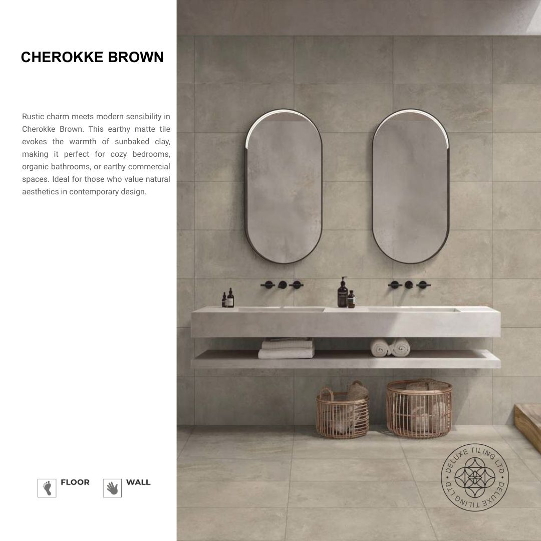 Cherokee Brown porcelain tile in warm taupe tones used in a modern bathroom interior with soft matte finish.