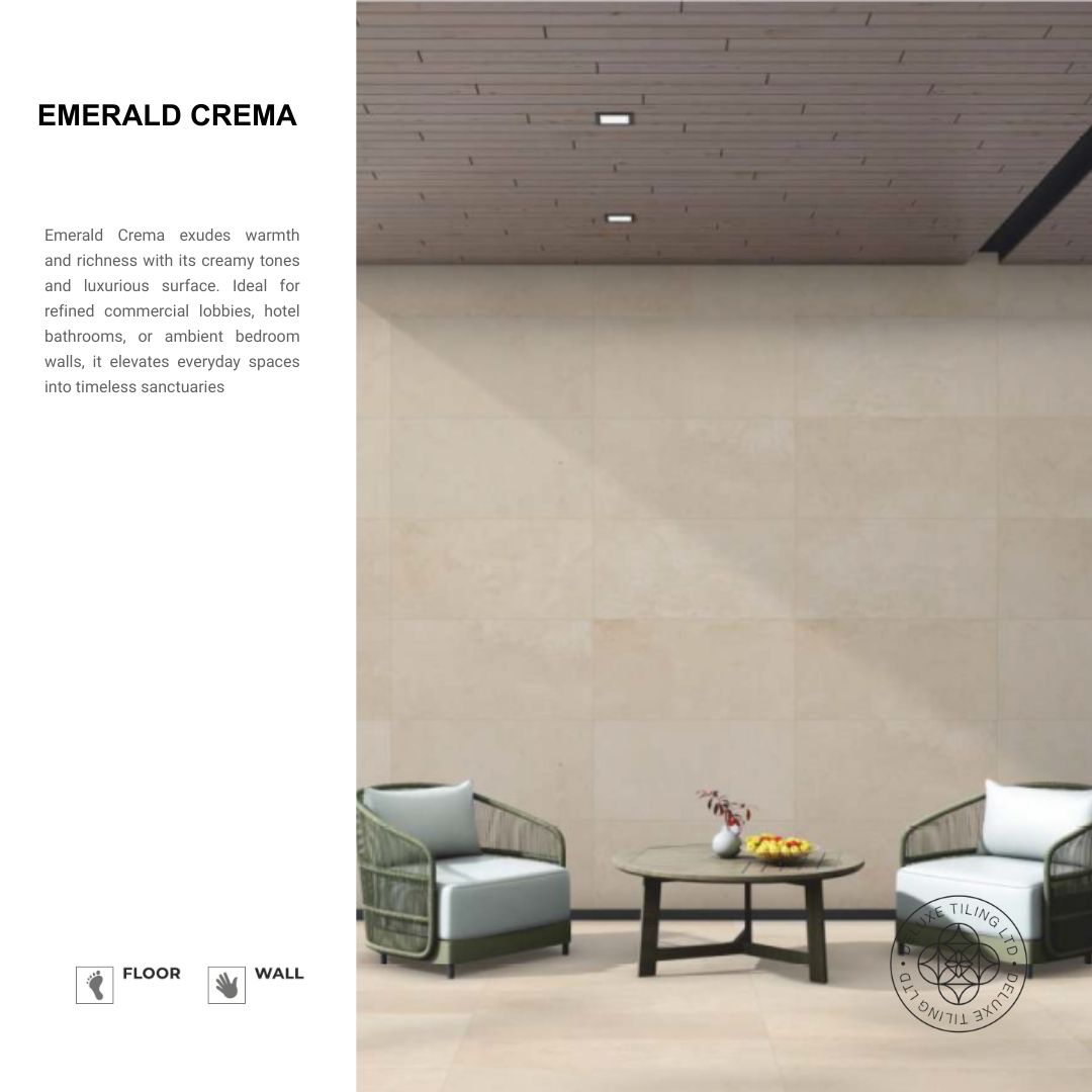 Emerald Crema porcelain tile in warm cream tones installed in a modern living area.