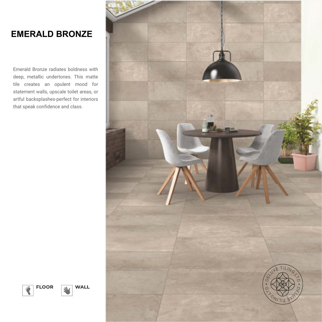 Emerald Bronze tile in warm brown-grey stone tones installed in a contemporary dining area.