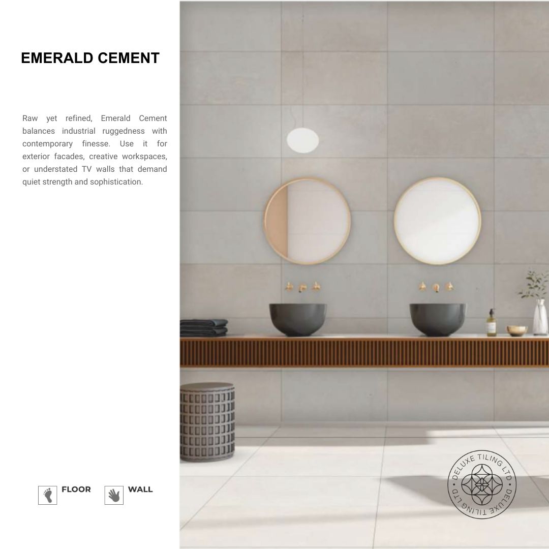 Emerald Cement porcelain tile in soft grey-beige concrete tones installed in a contemporary bathroom.